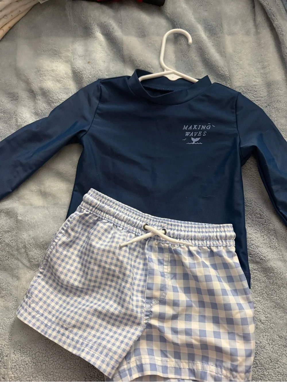 Carter's Navy Rashguard with Light Blue Gingham Swim Shorts 18m